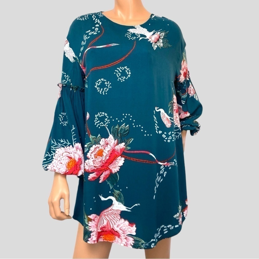 Jaase Mini Asian Inspired Floral Teal Pink HighLow Tunic Dress M Boho Wanderlast